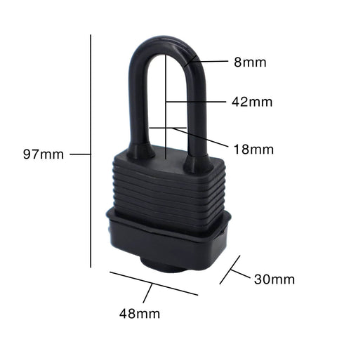 Front view of Outdoor Waterproof Padlocks Keyed Alike Pack Of 6, Heavy Duty Laminated Steel Locks with black plastic cover and measurements