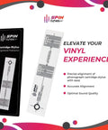 Turntable Phono Cartridge Alignment Protractor Tool With High Visibility Markings next to box with text "Elevate Your Vinyl Experience"