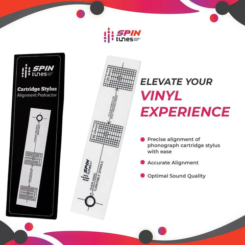 Turntable Phono Cartridge Alignment Protractor Tool With High Visibility Markings next to box with text "Elevate Your Vinyl Experience"