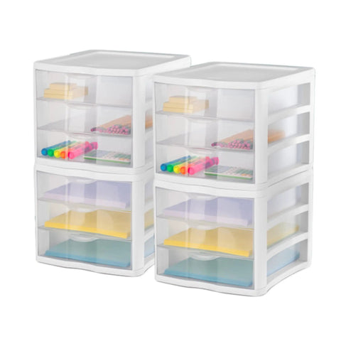 4 Pack 3 Drawer Stackable Plastic Organizer With Drawers White Frame Go To Countertop Storage Solution For Office Supplies Craft Rooms Classrooms And Home Organization