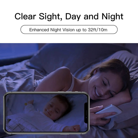 Woman monitoring baby on phone with All In One 1080P FHD WiFi Security Camera For Indoor Baby Monitor With Dual Band 5GHz Night Vision Two Way Audio Motion Alerts App Control And Custom Privacy Zones For Home And Pet Surveillance