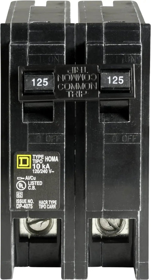 Homeline 125 Amp Two Pole Mini Circuit Breaker For Residential Use With Easy Plug In Mount And Quick Install 120 And 240 Volt AC 10kA Breaking Capacity Standard Type, front view showing switch panel.