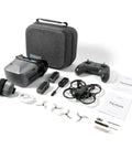 Aquila20 FPV Kit With Altitude Hold For Stable Hover LiteRadio 4 SE Transmitter VR04 FPV Goggles and accessories on white background.