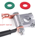 Badass Heavy Duty Battery Terminal Connectors Kit With 2 Gauge Copper Lugs Heat Shrink Tubing Anti Corrosion Washers and Tough Covers for Cars Trucks and Marine Boats, showing copper lug and zinc washers.