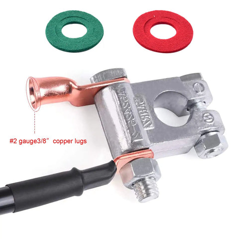Badass Heavy Duty Battery Terminal Connectors Kit With 2 Gauge Copper Lugs Heat Shrink Tubing Anti Corrosion Washers and Tough Covers for Cars Trucks and Marine Boats, showing copper lug and zinc washers.