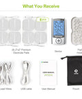 AUVON white rechargeable TENS unit with eight 2x2 in premium electrode pads, lead wires, USB cable, user manual, and pouch.