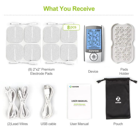 AUVON white rechargeable TENS unit with eight 2x2 in premium electrode pads, lead wires, USB cable, user manual, and pouch.