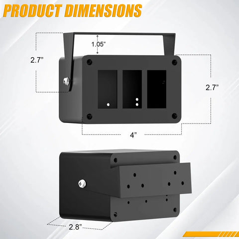 Dimensions of 3 Gang Aluminum Rocker And Toggle Switch Box For Panels Rugged Mod Friendly Install For Pickup Truck UTV Off Road Marine Dash Fits Up To Three Standard Size Switches 4 X 2.7 X 2.8 Inch