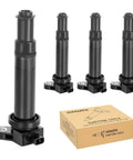 Set Of 4 High Performance Ignition Coil Packs For 1.6L L4 Engines Fits Kia Rio Rio5 Hyundai Accent And Dodge Attitude 2006 Through 2011 UF499 C1543 Replacement shown with packaging.