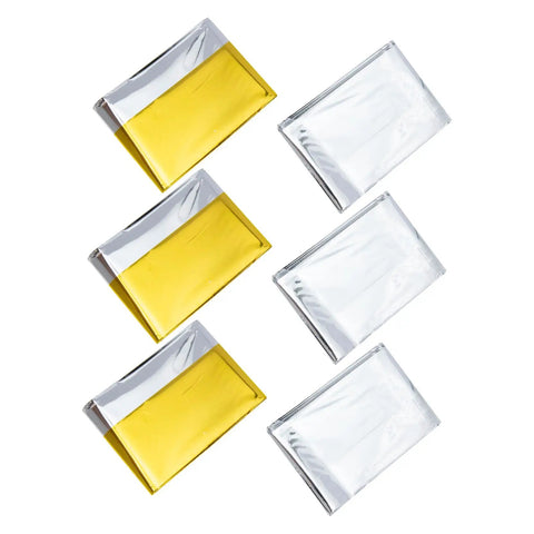 Go-To 6-Piece Survival Emergency Blanket Set with gold and silver reflective foil, compact and portable thermal blankets.