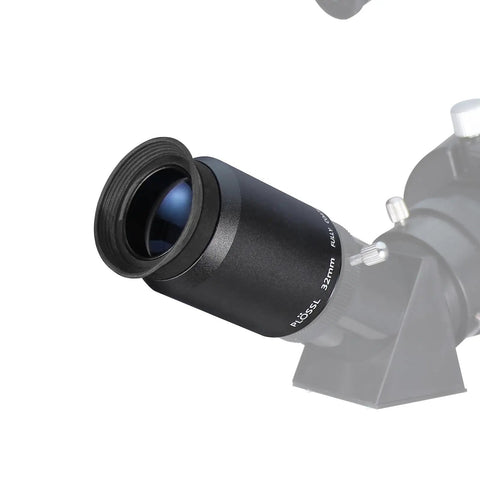 1.25 Inch 32mm 4 Element Plossl Eyepiece for Telescopes, threaded for 1.25 inch filters, attached to telescope mount, side view