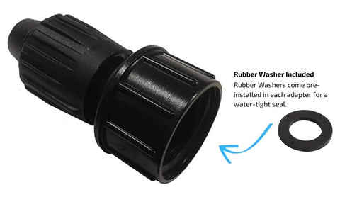 Black plastic 1/2 inch drip irrigation tubing to faucet adapter with rubber washer