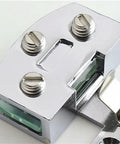 Close-up of Heavy Duty Adjustable Glass Door Hinges For Bathroom Cabinets And Display Shelving With No Sweat Quick Snap Install And Slick Smooth Pivot Action Featuring Solid All Metal Build showing detailed metal finish.