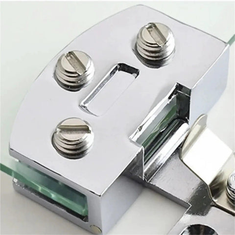 Close-up of Heavy Duty Adjustable Glass Door Hinges For Bathroom Cabinets And Display Shelving With No Sweat Quick Snap Install And Slick Smooth Pivot Action Featuring Solid All Metal Build showing detailed metal finish.
