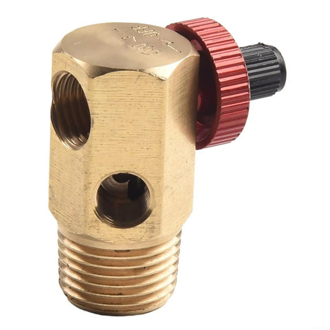 Replacement Air heavy duty brass air compressor manifold with a red flow control knob for precise pressure adjustment.