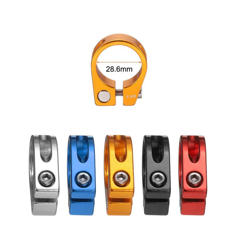 Gold Aluminum Alloy Locking Bike Seat Post Clamp 28.6mm Inner Diameter And 25.4mm Post M4 Hex Screw shown with color variants