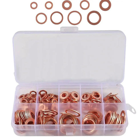 Flat Washer Kit For Sump Bolts And Engine Seals High Heat Red Copper Construction 300 Piece Assortment With Metric Sizes For Bolts And Nuts Heavy Duty Gasket Sealing And Pressure Resistance. Copper washer kit in compartment case