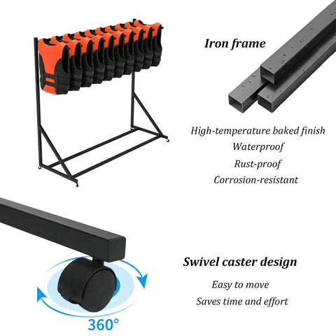 Rolling Life Jacket Display Rack for Pools and Docks, 3 tier iron frame with vests, swivel caster wheel, waterproof finish