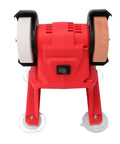 No Nonsense Cordless Bench Grinder Packing 5500 RPM And 70mm Dual Wheels, red mini bench tool with white and brown wheels.
