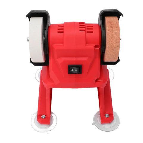 Heavy Duty Cordless Bench Grinder With 70mm Grinding Wheels And 5500 Rpm High Speed Motor, red and black design, front view with grinding discs.