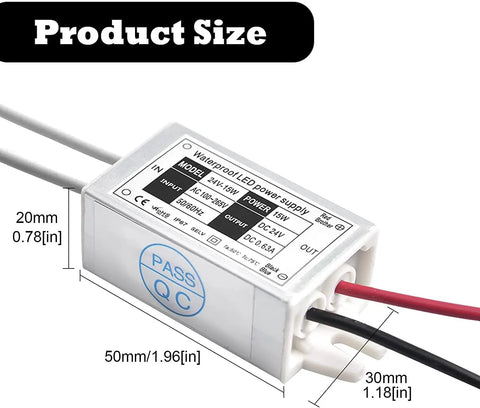 24V LED Power Supply Outdoor IP67 Waterproof 15W DC Converter 120V AC To 24V DC Constant Voltage Driver dimensions displayed