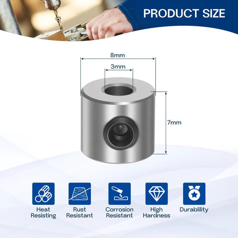 Set Screw Shaft Collars 3mm Bore, 10 Pack, 8mm OD, 7mm Wide, 304 Stainless Steel dimensions and features displayed