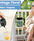 One-Handed Vintage Floral Teapot With Built-In Infuser And Insulated Carafe, brown wooden handle, pouring tea