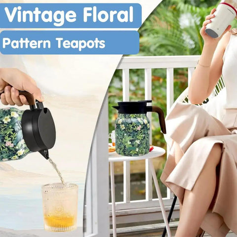 One-Handed Vintage Floral Teapot With Built-In Infuser And Insulated Carafe, brown wooden handle, pouring tea