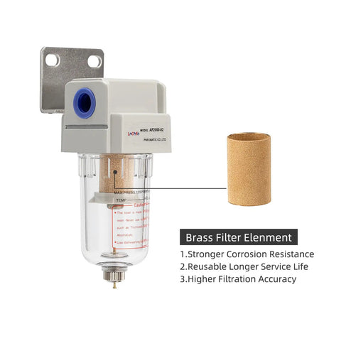 Heavy Duty Air Line Water Separator Filter 1/4 Inch NPT For Air Compressors AF2000-02 with 5 Micron Brass Element, shown with components