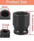Half Inch Drive 24mm Impact Socket, 12 Point Metric, Shallow Design, CR-MO Steel, Pro Grade Tool for Heavy Duty Auto Repair