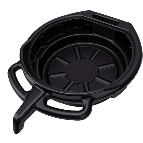 Heavy Duty 15L Oil Drain Pan With Anti Splash Spout For Car And Motorcycle Oil Changes Super Tough Plastic Resists Heat And Cracks, black interior view.