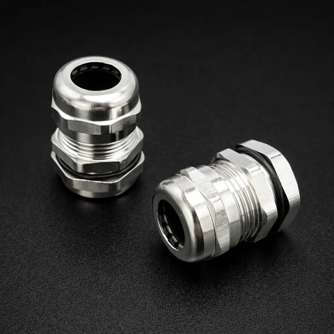 Half Inch NPT Brass Cable Gland Metal Cord Grip Strain Relief Two Pack Wire Protection, nickel-plated brass on black background