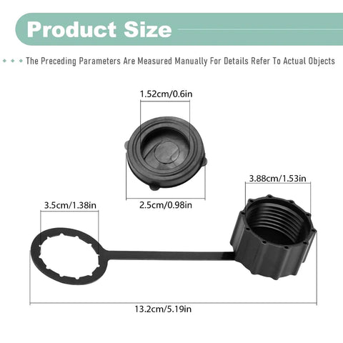 Pack Of 2 Threaded Drain Covers With Tethers For Sprayers, Leakproof Tank Caps dimensions shown on size chart