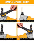 Hoteche 4.2amp Electric Sheet Metal Nibbler Tool For Cutting Steel Aluminum Up To 16 Gauge Precision Metalworking Power Tool instructions showing screw rotation and blade replacement.