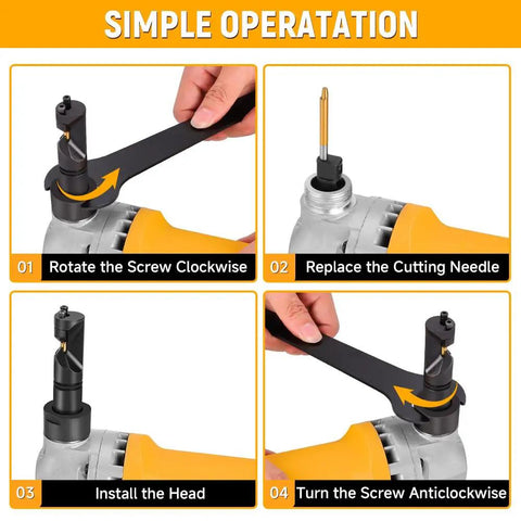 Hoteche 4.2amp Electric Sheet Metal Nibbler Tool For Cutting Steel Aluminum Up To 16 Gauge Precision Metalworking Power Tool instructions showing screw rotation and blade replacement.