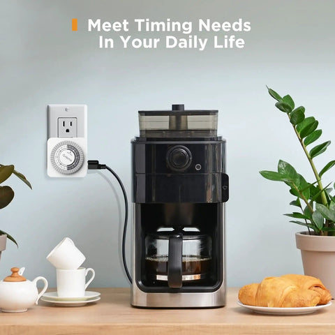 24 Hour Plug In Mechanical Outlet Timers 4 Pack with coffee maker, showcasing easy daily scheduling in home setup.