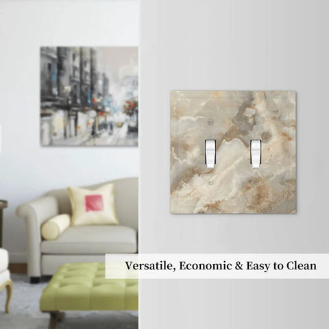 Light Slate Marble Pattern Double Toggle Switch Plates Decorative Outlet Cover Wall Faceplate With Premium Dual Gang Design For A Pretty Dang Slick Kitchen Bathroom Refresh in a modern living room setting.