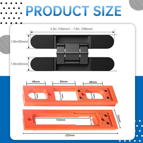 All In One Concealed Door Hinge Installation Kit With Guide Template Jig And Slotting Template, showing dimensions and templates.