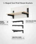 Hidden Under Shelf L Shaped Steel Bracket For Floating Shelves installation with multiple sizes, cold rolled steel visible.