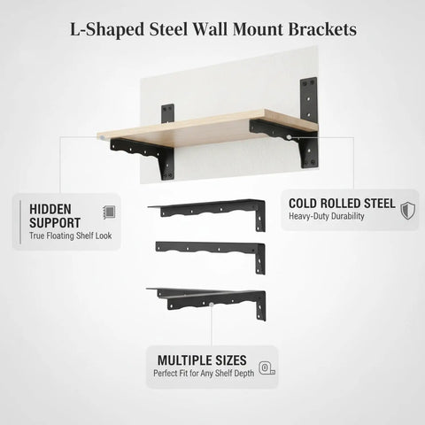 Hidden Under Shelf L Shaped Steel Bracket For Floating Shelves installation with multiple sizes, cold rolled steel visible.