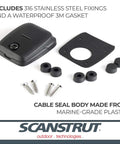 Horizontal Double Cable Seal For Solar Panels Black, Supports Two Cables 5mm And 6mm In Any Combo, Compact 54mm Wide By 63mm Long By 24mm High, showing marine-grade plastic parts and fixings.