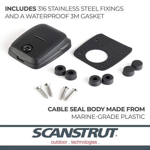 Horizontal Double Cable Seal For Solar Panels Black, Supports Two Cables 5mm And 6mm In Any Combo, Compact 54mm Wide By 63mm Long By 24mm High, showing marine-grade plastic parts and fixings.