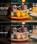 Comparison of R20 LED Light Bulb 45W Equivalent Dimmable Daylight 5000K lighting with enhanced CRI vs other lighting on a dining table setup.