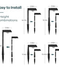 Diagram showing 5 height variations of Solar Pathway Lights 4 Pack With 200 Lumen Brightness IP65 Waterproof Outdoor Garden Lights.