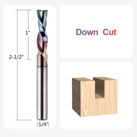 Front view of SpeTool 1/4 in shank downcut router bit; 1/4 in diameter, 2-1/2 in length, with wood mortise block.