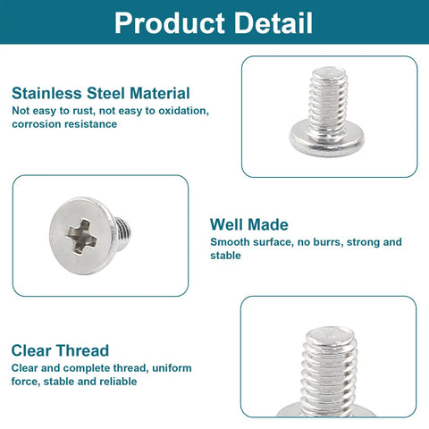 Dead Nuts Tight M3 X 5mm Round Flat Head Machine Screws 100 Pack, stainless steel flat-head screws with clear thread.