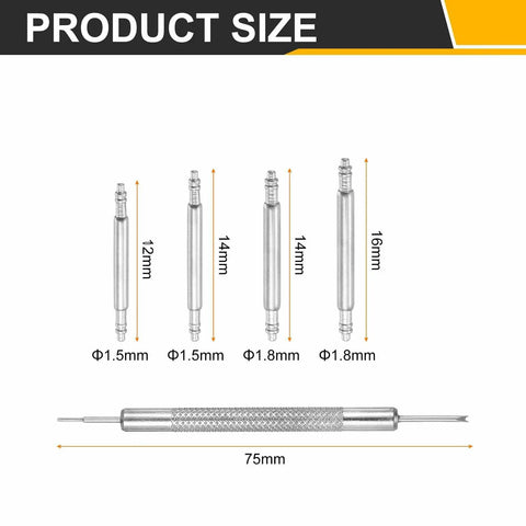 16 Piece Stainless Steel Watch Spring Bar Replacement Kit With Removal Tool, showing sizes 12mm, 14mm, 16mm and removal tool details.