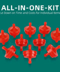 Image of a pack of 10 heavy-duty lawn mower inline gas fuel filters, 1/4 inch ID, 150 micron element, arranged on a green background.