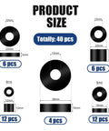 Size and quantity chart of 40 Piece Thick Rubber Spacers Set With 5 Sizes For Anti Vibration Isolation Pads Black Round Washers
