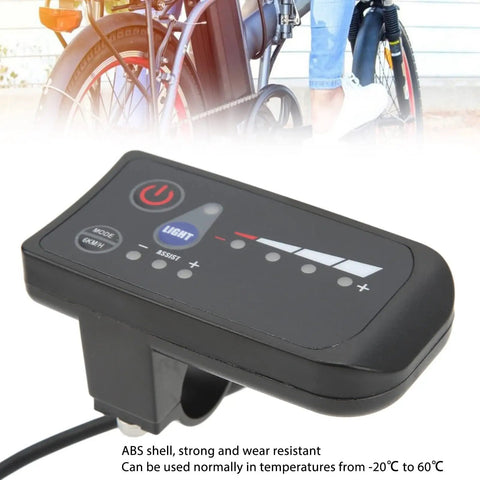 Electric Bike Power Display Meter For Handlebar Cockpit Universal 5 Pin LED Panel With Waterproof Plug on ABS housing, close-up